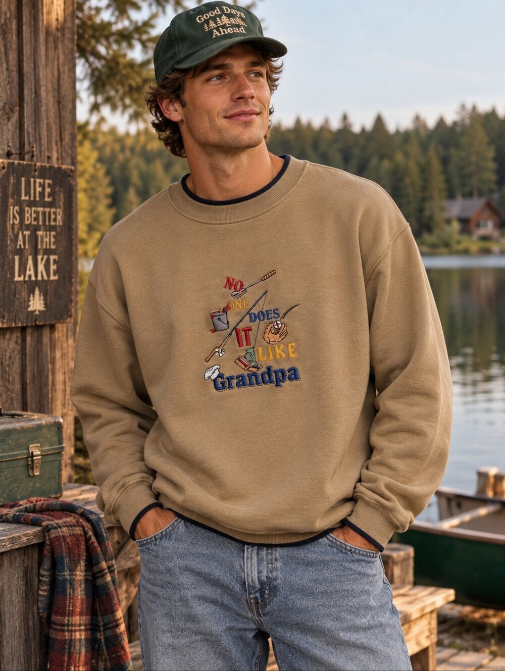 Vintage 90s Grandpa Sweatshirt Mens Medium Tan Embroidered Fishing Baseball